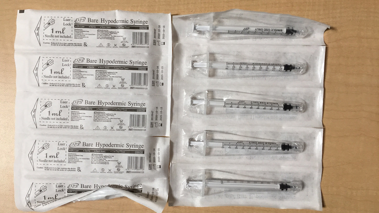 1mL Luer Lock DPS Bare Hypodermic Syringe Only, Box of 100
