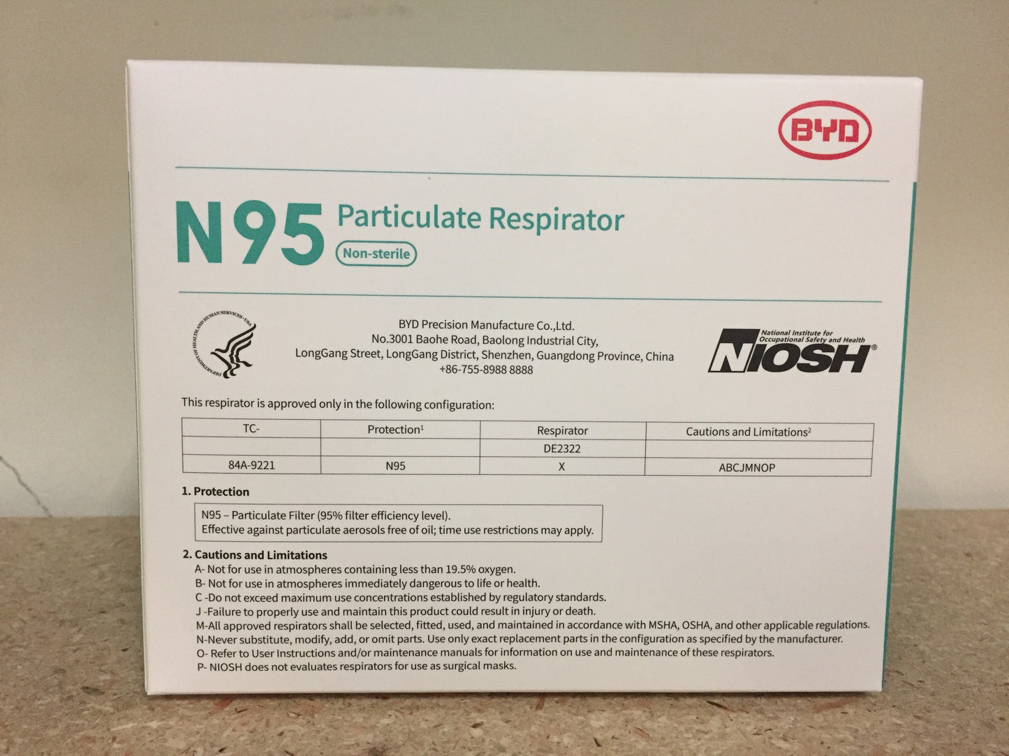 BYD N95 Particulate Respirator, Box of 20