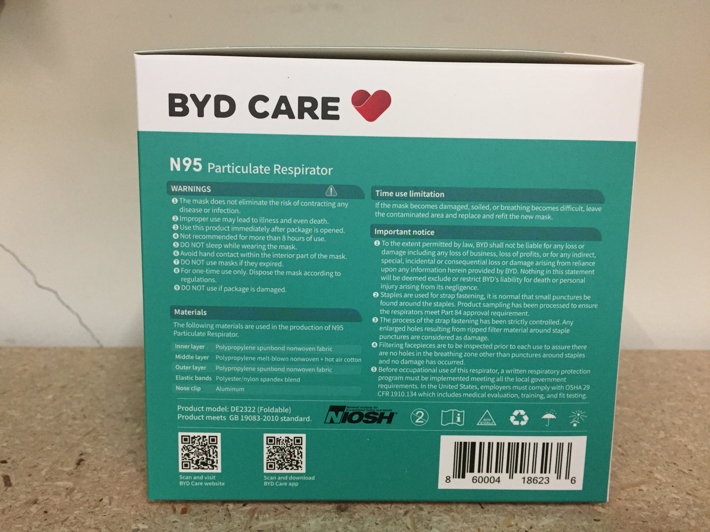 BYD N95 Particulate Respirator, Box of 20